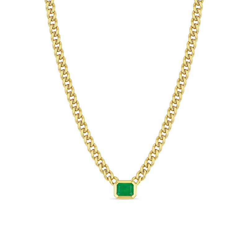 Zoë Chicco 14k Gold Medium Curb Chain Emerald Cut Emerald Bezel Necklace