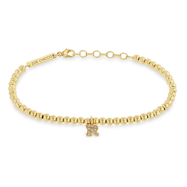 Zoë Chicco 14kt Gold Pavé Diamond Initial Letter Charm Small Gold Bead Bracelet