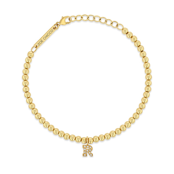 Zoë Chicco 14kt Gold Pavé Diamond Initial Letter Charm Small Gold Bead Bracelet