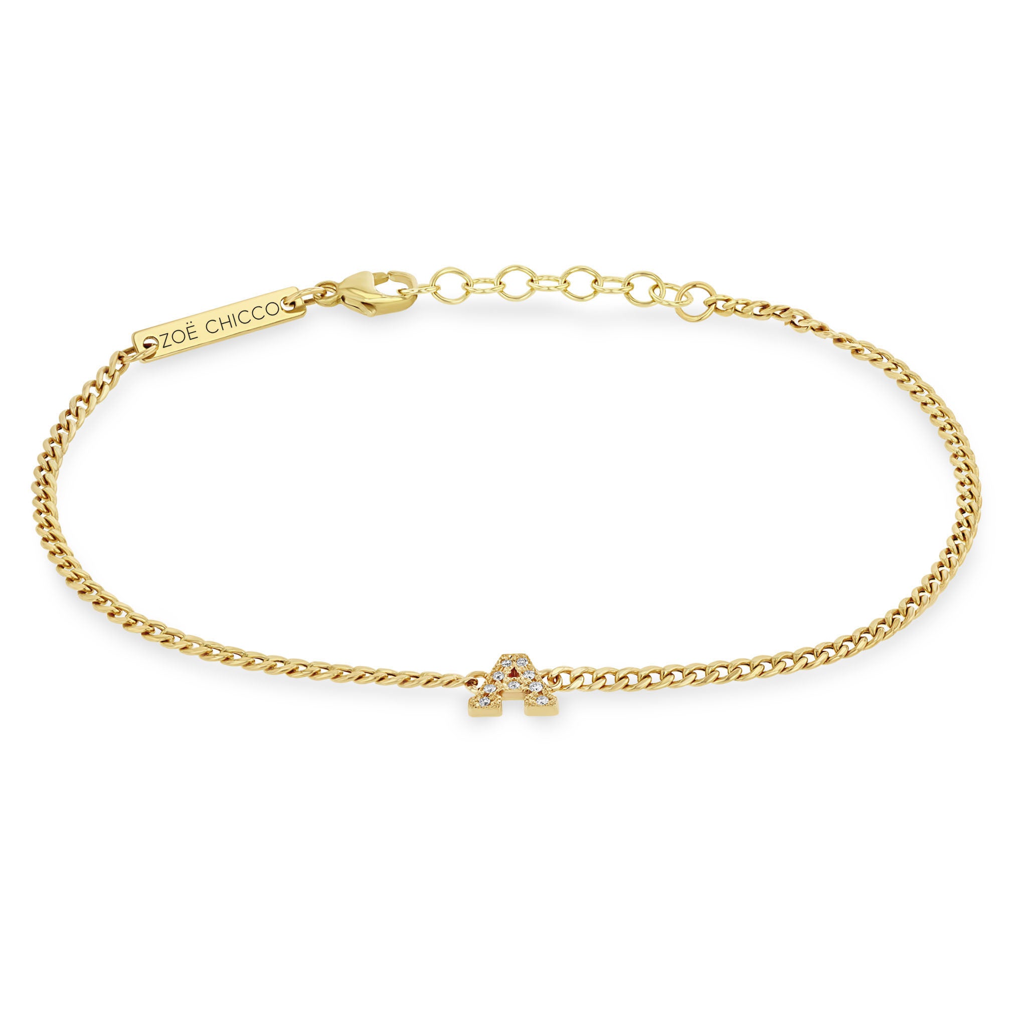 Zoë Chicco 14k Gold Pavé Diamond Initial Letter A Curb Chain Bracelet