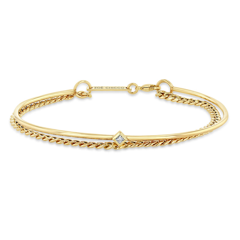 Zoë Chicco 14k Gold Princess Diamond Cuff & Small Curb Chain Double Bracelet