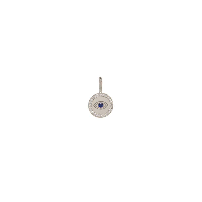 evil eye charm with blue sapphire in the middle and a diamond border