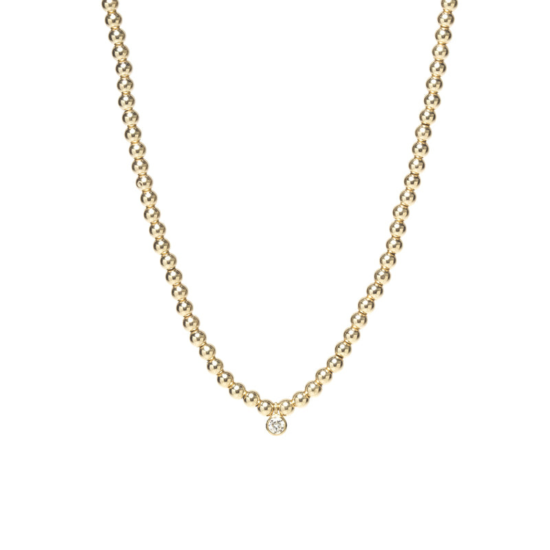 14k Small Gold Bead Necklace with Diamond Bezel Pendant