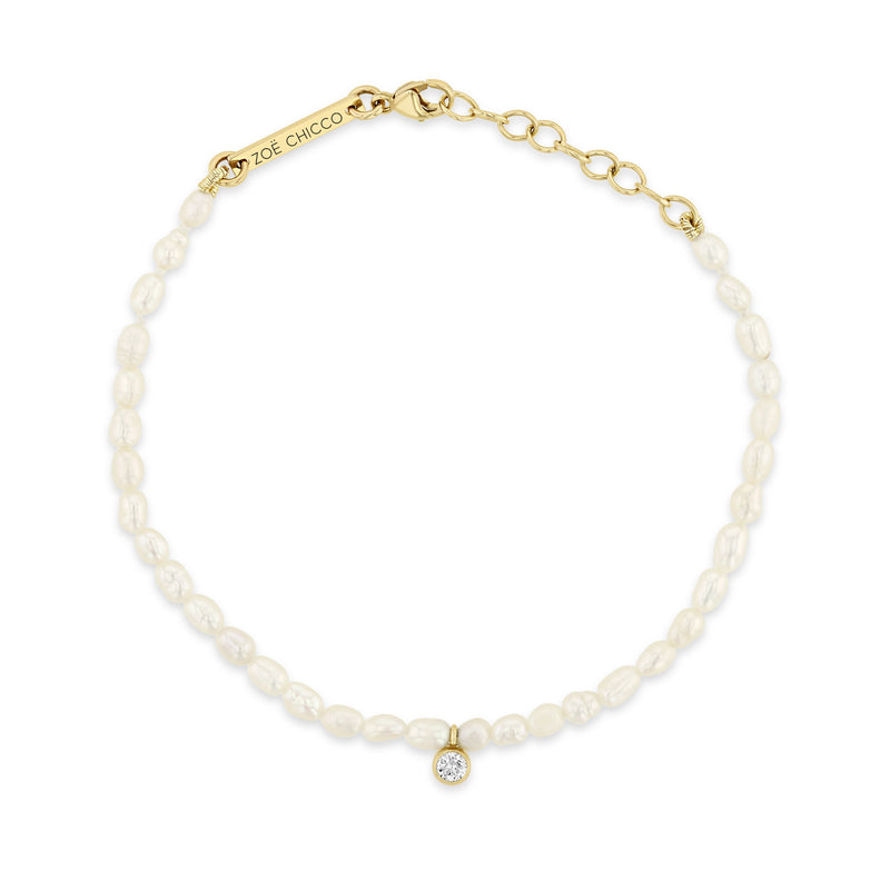 14k Diamond Charm Rice Pearl Bracelet