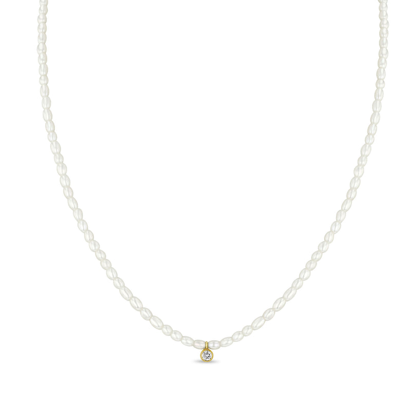Zoë Chicco 14k Gold Diamond Pendant Rice Pearl Necklace