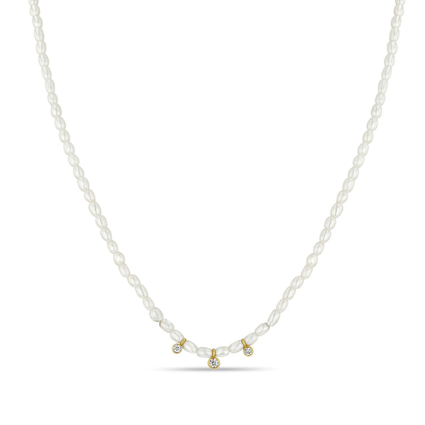 Zoë Chicco 14k Gold 3 Graduated Diamond Bezel Rice Pearl Necklace