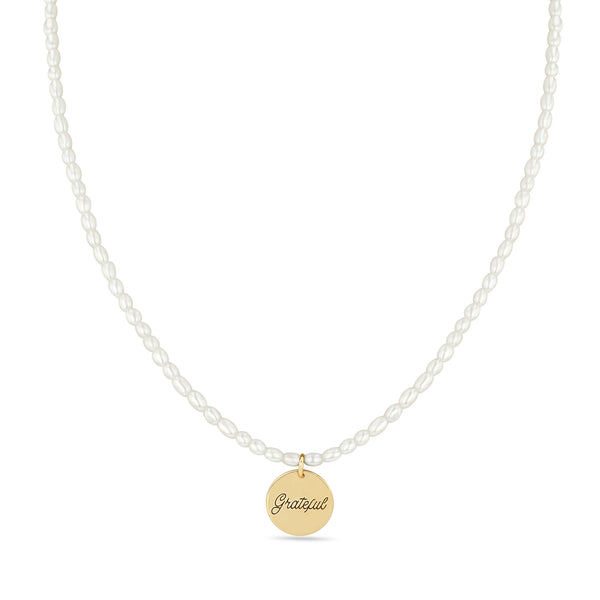 Zoë Chicco 14k Gold Amore Pendant Rice Pearl Necklace engraved with "Grateful"
