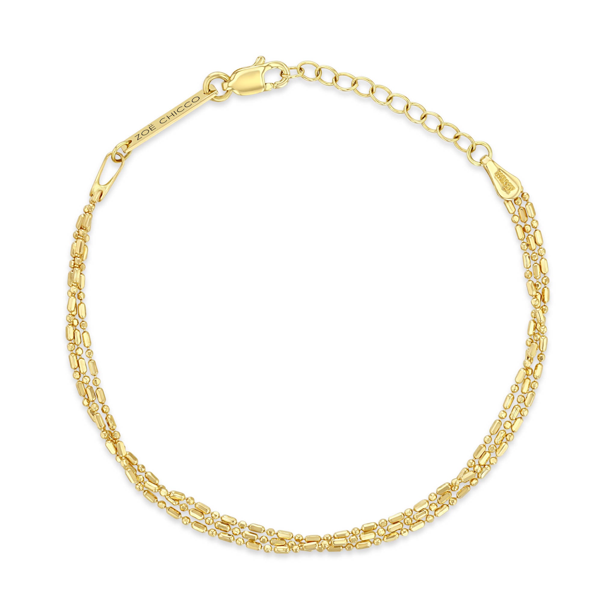 top down view of a Zoë Chicco 14k Gold Triple Strand Tube Bar Chain Bracelet