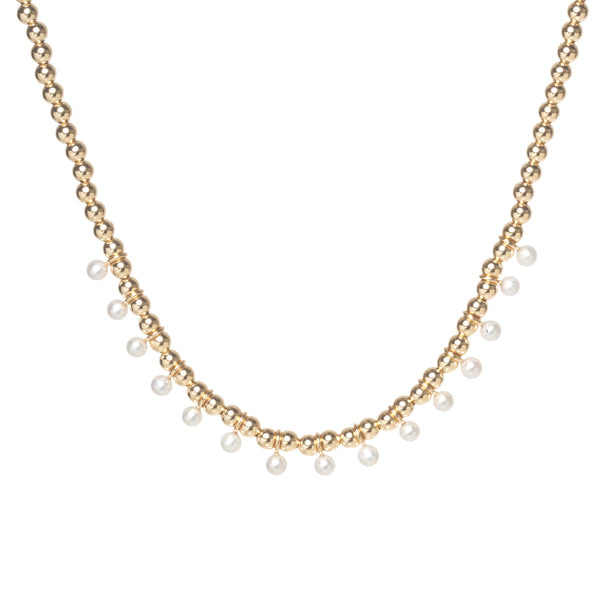 14k Gold Bead Eternity Necklace with Dangling Tiny Pearls - SALE