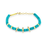 Front view of Zoë Chicco 14k Gold & Turquoise Rondelle Bead Bracelet with 6 Prong Diamonds