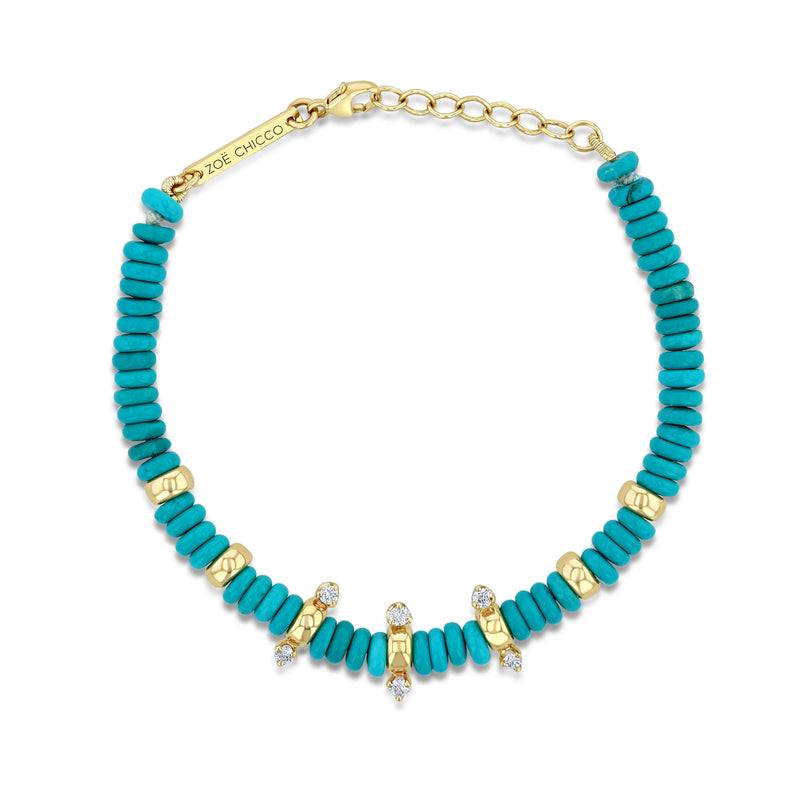 Top down view of Zoë Chicco 14k Gold & Turquoise Rondelle Bead Bracelet with 6 Prong Diamonds