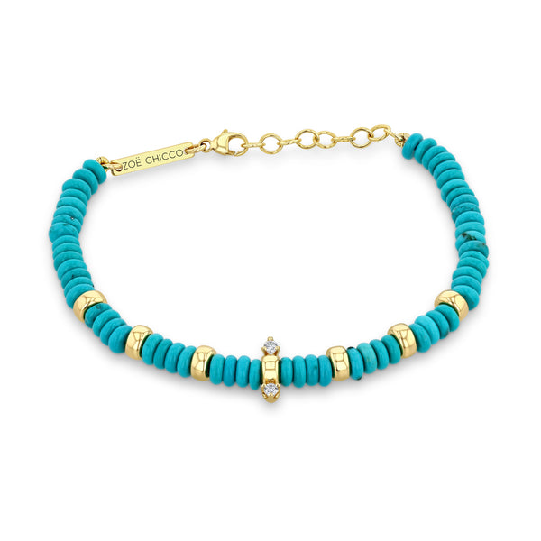 Front view of Zoë Chicco 14k Gold & Turquoise Rondelle Bead Bracelet with 2 Prong Diamonds