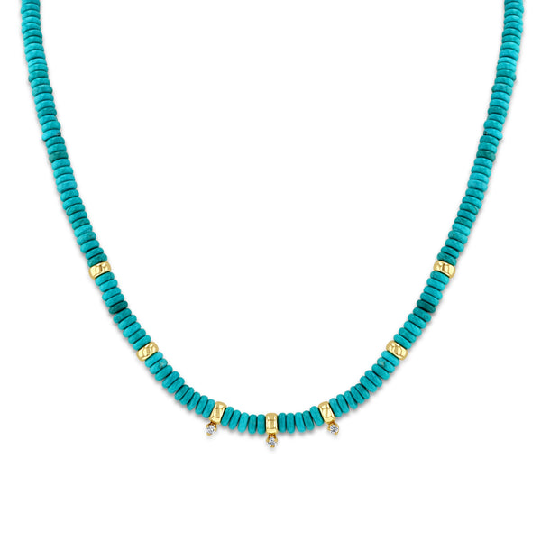 Zoë Chicco 14k Gold & Turquoise Rondelle Bead Necklace with 3 Prong Diamonds