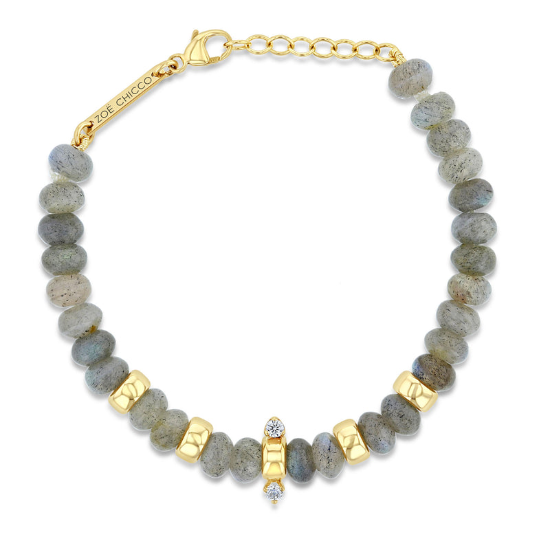 Top down view of Zoë Chicco 14k Gold & Labradorite Rondelle Bead Bracelet with 2 Prong Diamonds