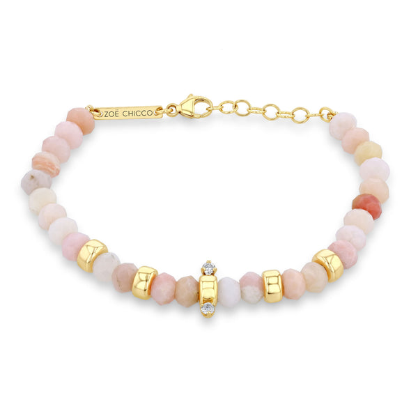 Front view of Zoë Chicco 14k Gold & Faceted Pink Opal Rondelle Bead Bracelet with 2 Prong Diamonds