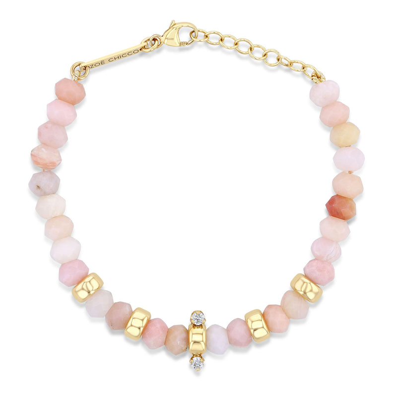 Top down view of Zoë Chicco 14k Gold & Faceted Pink Opal Rondelle Bead Bracelet with 2 Prong Diamonds
