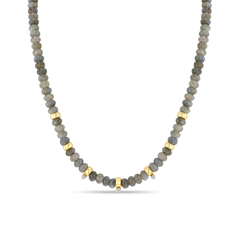 Zoë Chicco 14k Gold & Labradorite Rondelle Bead Necklace with 3 Prong Diamonds