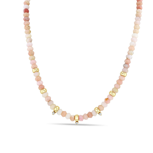Zoë Chicco 14k Gold & Faceted Pink Opal Rondelle Bead Necklace with 3 Prong Diamonds