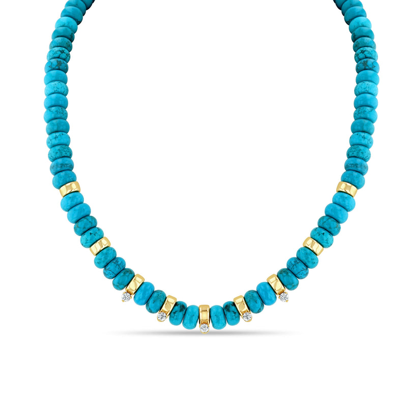 Zoë Chicco 14k Gold & Turquoise Rondelle Large Bead Necklace with 5 Prong Diamonds