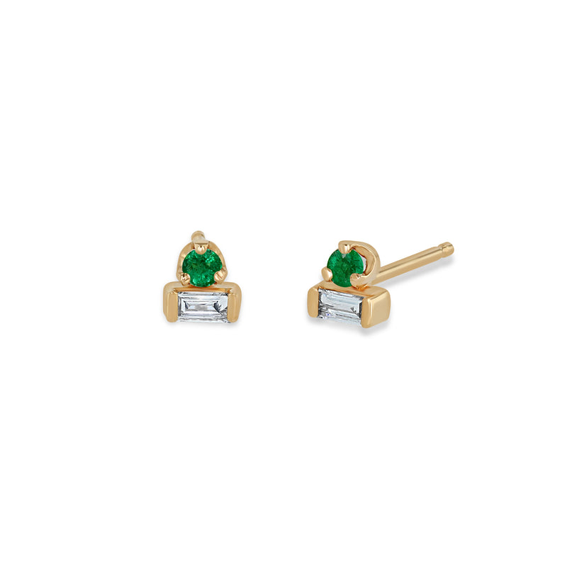 Zoë Chicco 14k Gold Baguette Diamond & Prong Emerald Stacked Stud Earrings