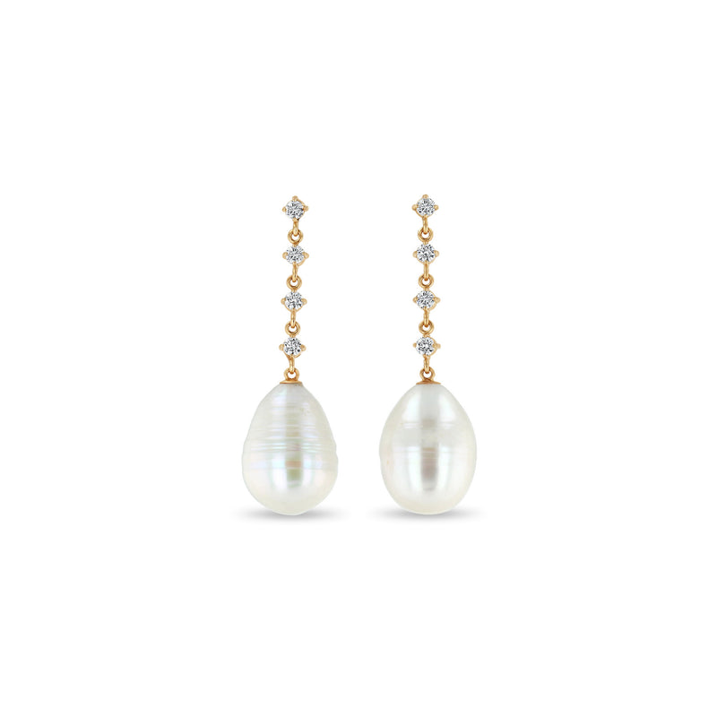 14k Linked Prong Diamond & Baroque Pearl Drop Earrings