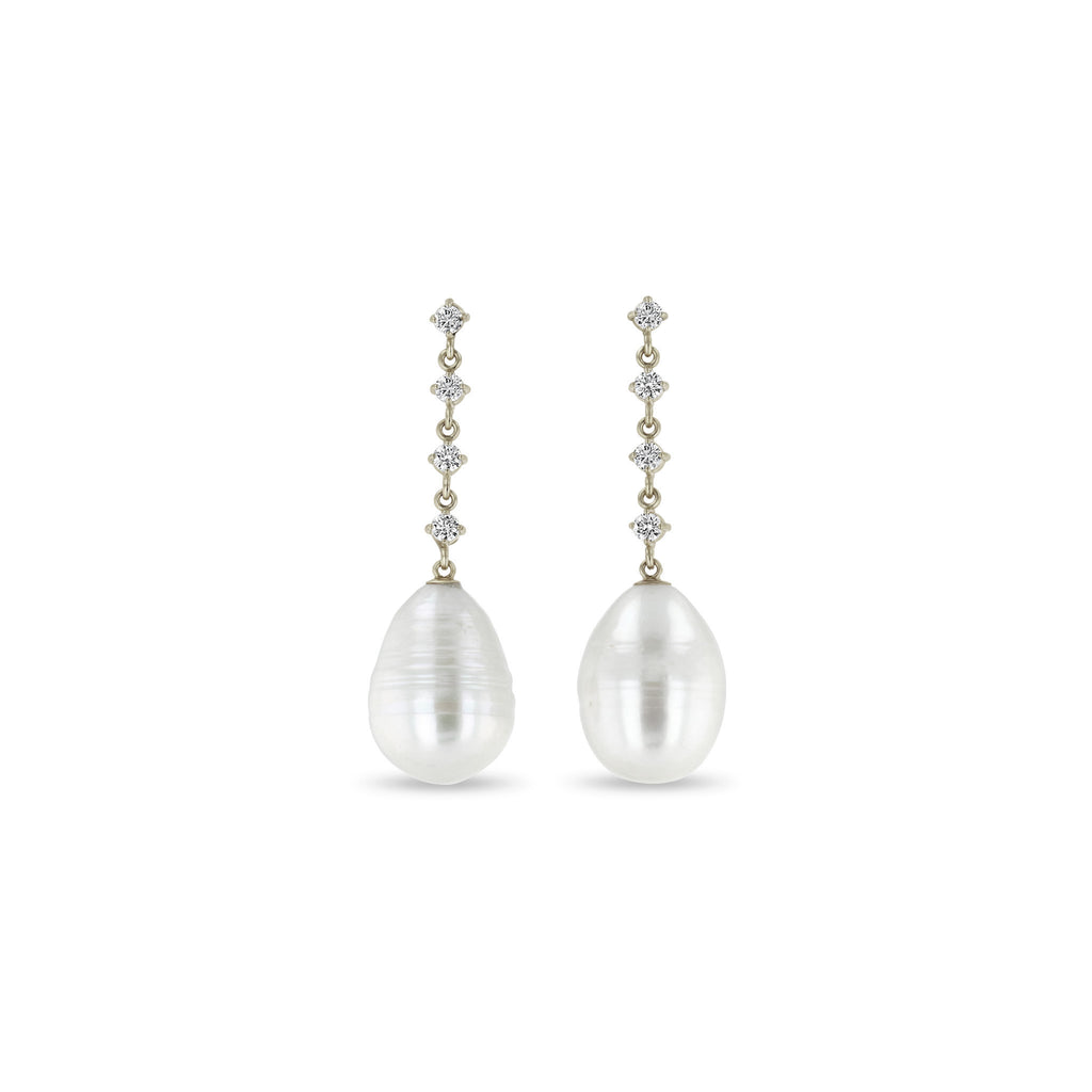14K White Gold Diamond Pearl Drop Earrings