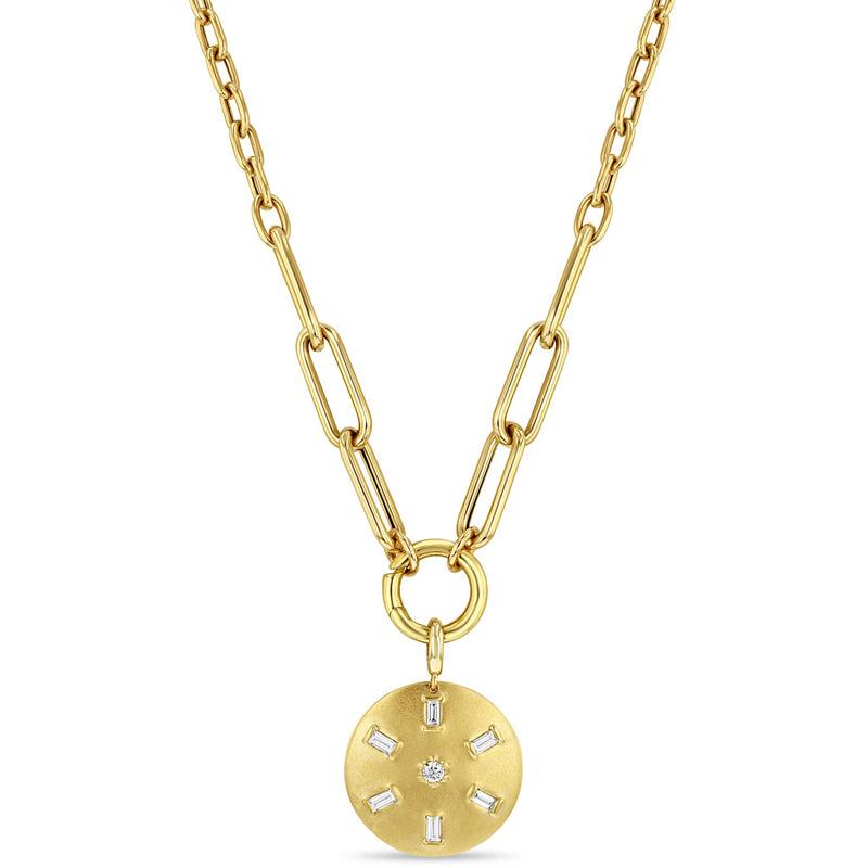 Zoë Chicco 14k Gold Baguette & Round Diamond Brushed Gold Domed Disc Mixed Chain Necklace