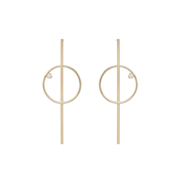 14k Long Bar & Circle Prong Diamond Earrings - SALE