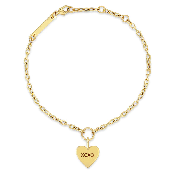 Zoë Chicco 14k Gold Candy Heart Charm Small Square Oval Link Bracelet engraved with XOXO