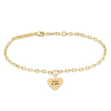 front view of Zoë Chicco 14k Gold Candy Heart Charm Small Square Oval Link Bracelet engraved with You & Me
