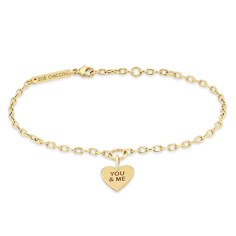 front view of Zoë Chicco 14k Gold Candy Heart Charm Small Square Oval Link Bracelet engraved with You & Me