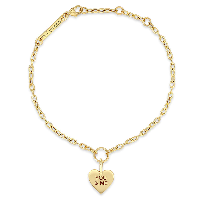 Zoë Chicco 14k Gold Candy Heart Charm Small Square Oval Link Bracelet engraved with YOU & ME