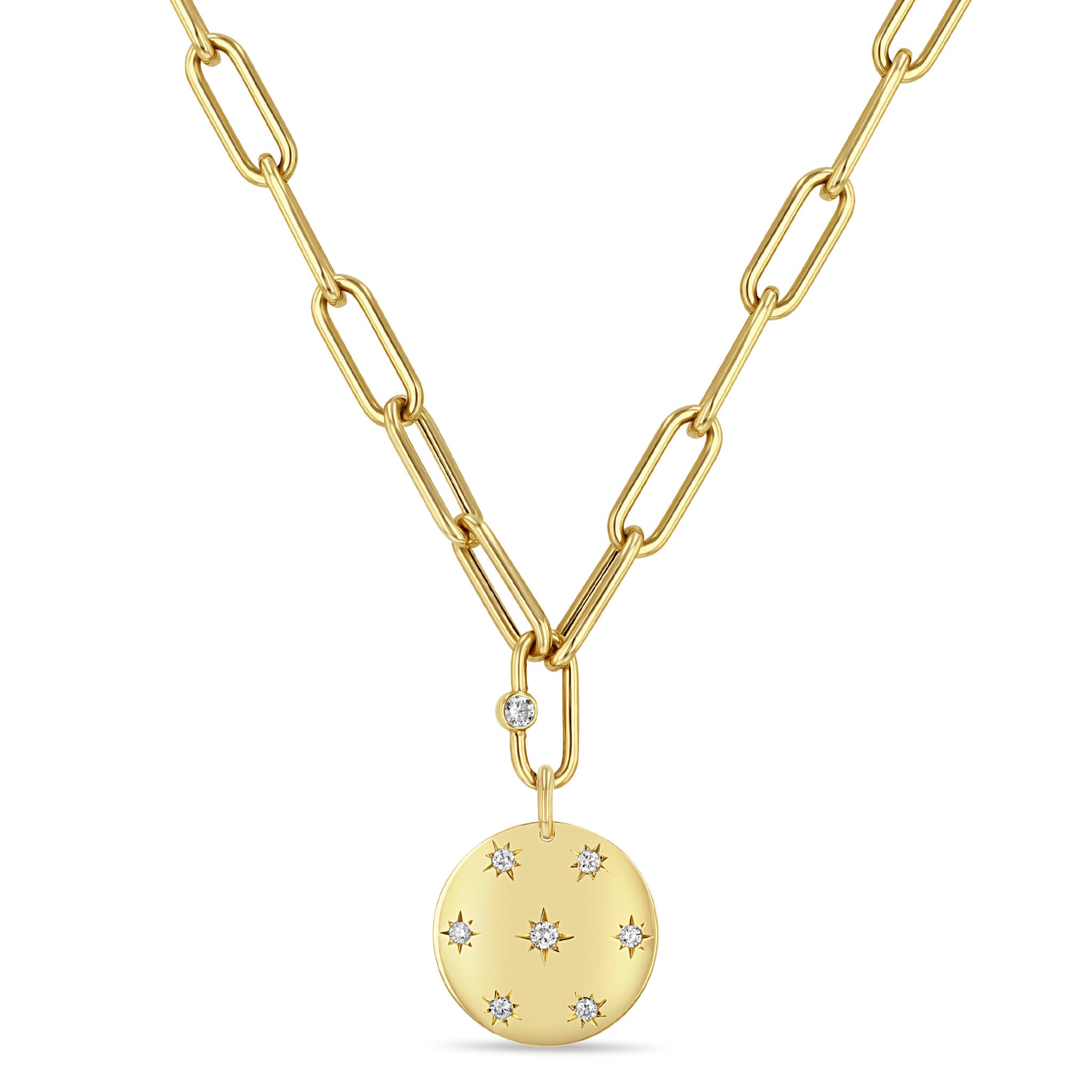 Zoë Chicco 14k Gold Scattered Star Set Diamonds Aura Disc Large Paperclip Chain Necklace