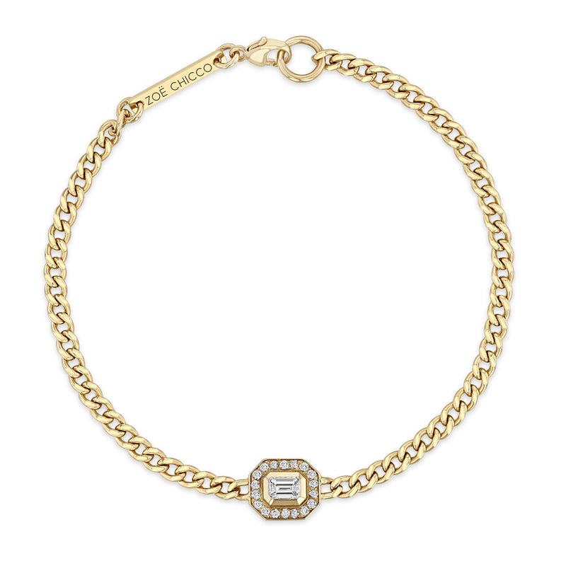 top down view of a Zoë Chicco 14k Emerald Cut Diamond Halo Small Curb Chain Bracelet