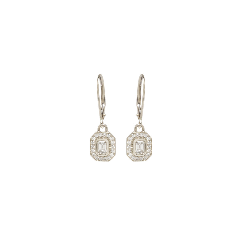 14k Emerald Cut Diamond Halo Drop Earrings
