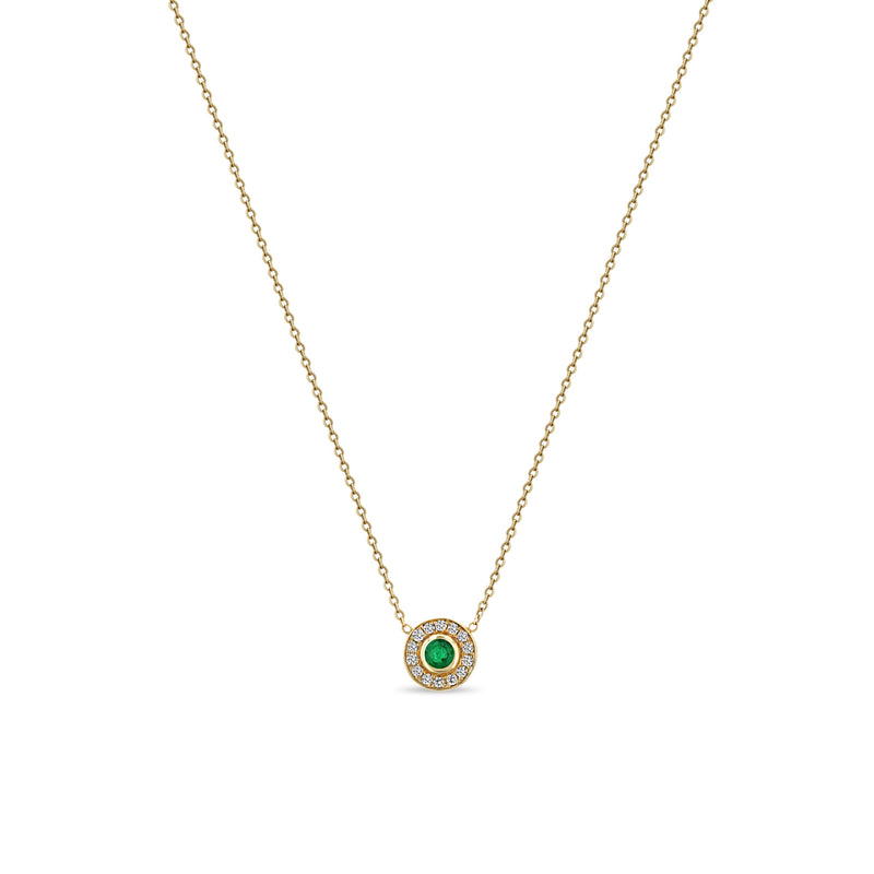 Zoë Chicco 14k Gold Round Emerald and Diamond Halo Necklace