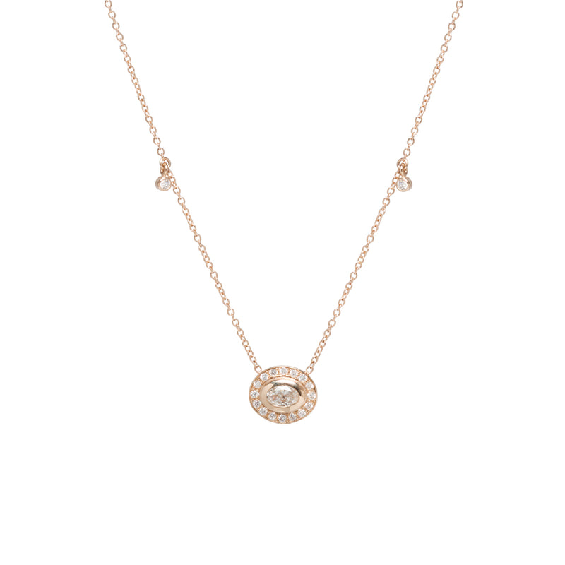 Zoë Chicco 14kt Gold Oval Diamond Halo Necklace with Dangling Diamonds