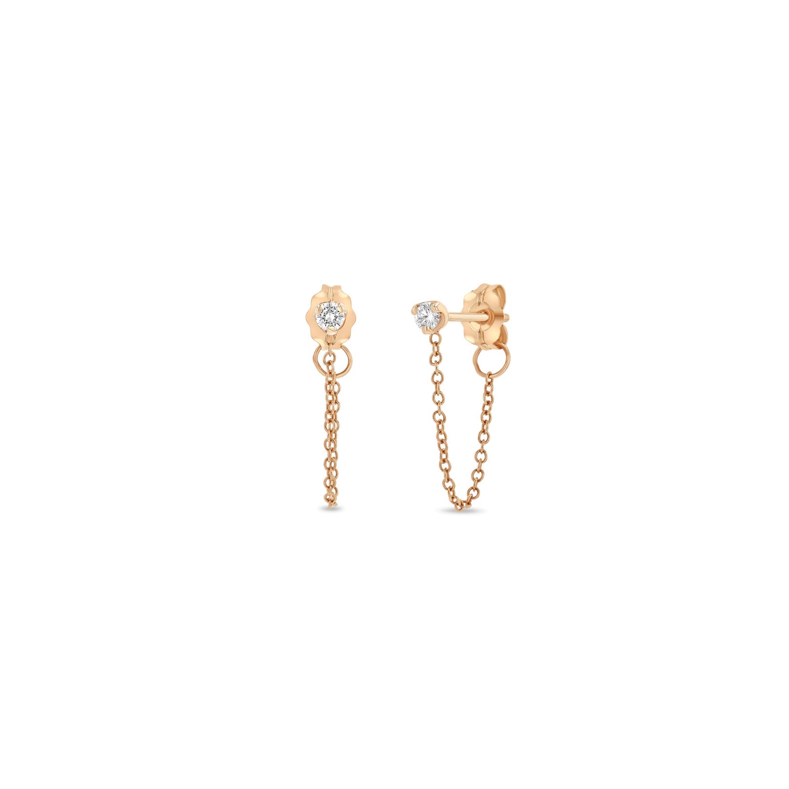 Chain earrings / 14k Gold Bezel Setting Diamond Studs Chain Earrings / Dangle Earrings / Statement Earrings / 2024 Dainty Diamond Earrings