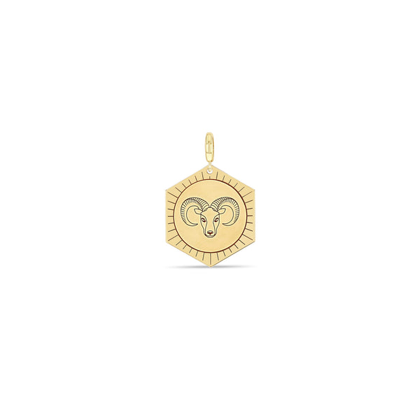 Zoe Chicco 14k gold hexagon charm pendant with an engraved ram head on a white background