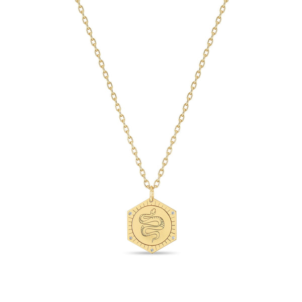 Zoë Chicco 14k Gold 5 Diamonds Animal Hexagon Medallion Small Square Oval Chain Necklace