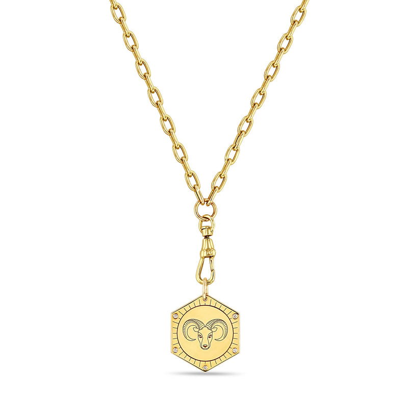 Zoë Chicco 14k Gold 5 Diamonds Animal Hexagon Medallion Medium Square Oval Chain with Fob Clasp