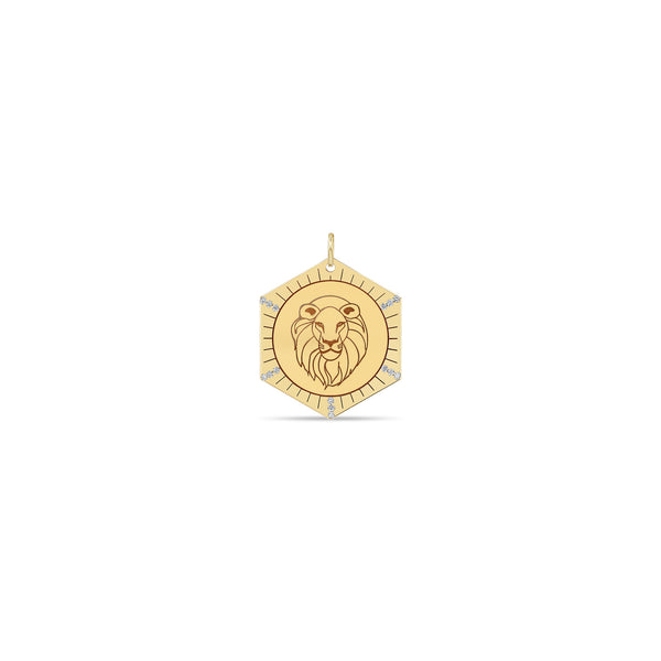 14k Lion with Diamond Rays Hexagon Medallion Charm Pendant - SALE