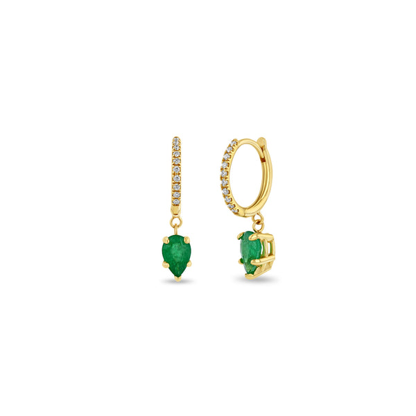 Zoë Chicco 14k Gold Medium Pavé Diamond Hinge Huggie Hoops with Pear Emeralds