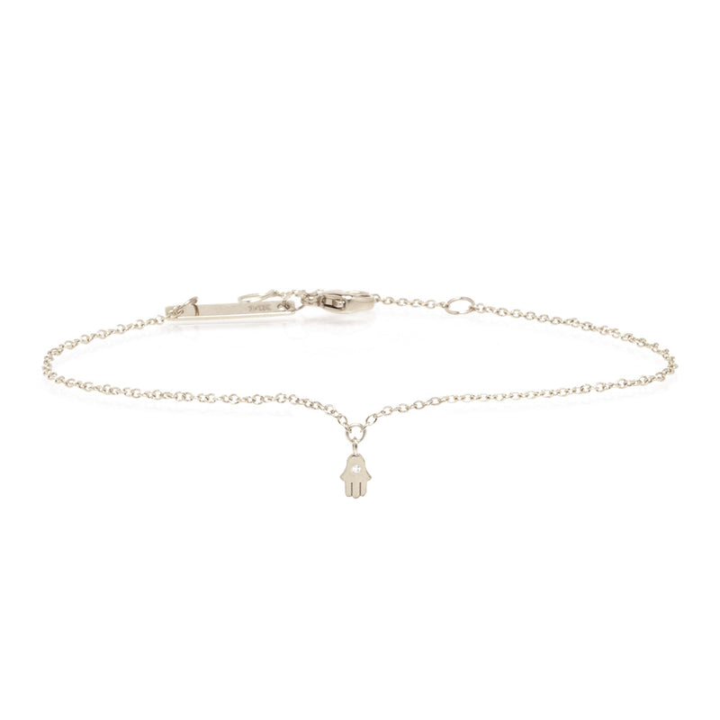 white gold hamsa chain bracelet with single diamond