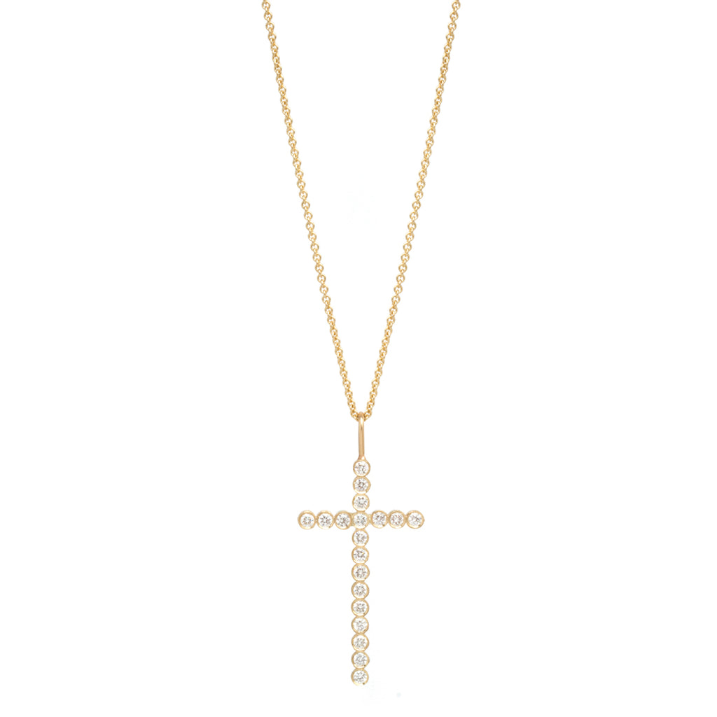 Zoë Chicco 14kt Gold Large White Diamonds Bezel Set Cross Necklace