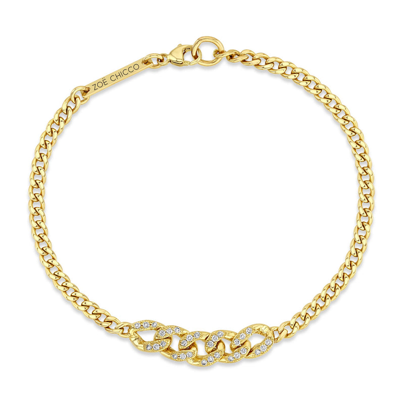 Top down view of a Zoë Chicco 14k Gold Small Curb Chain Bracelet with Pavé Diamond Large Curb Link Station