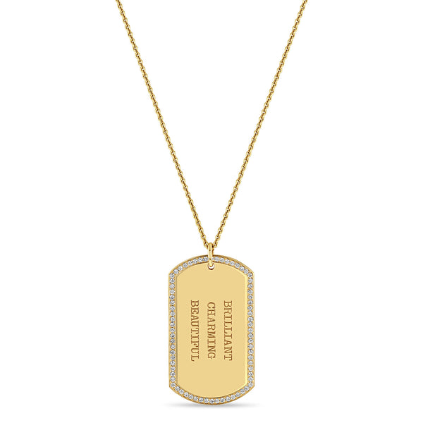 Zoë Chicco 14k Gold Large Engraved Dog Tag with Pavé Diamond Border Necklace
