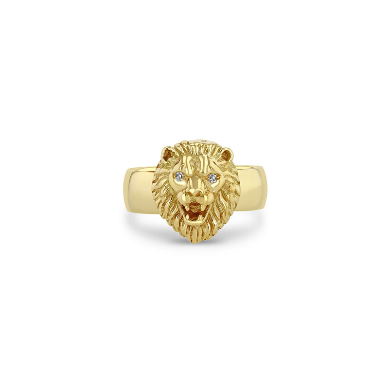 Zoë Chicco 14k Yellow Gold Lion Head with Diamond Eyes Wide Band Ring