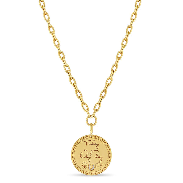 Zoë Chicco 14k Gold Large "Today is your lucky day" Mantra with Lucky Symbols Necklace