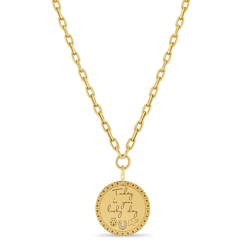 Zoë Chicco 14k Gold Large "Today is your lucky day" Mantra with Lucky Symbols Necklace